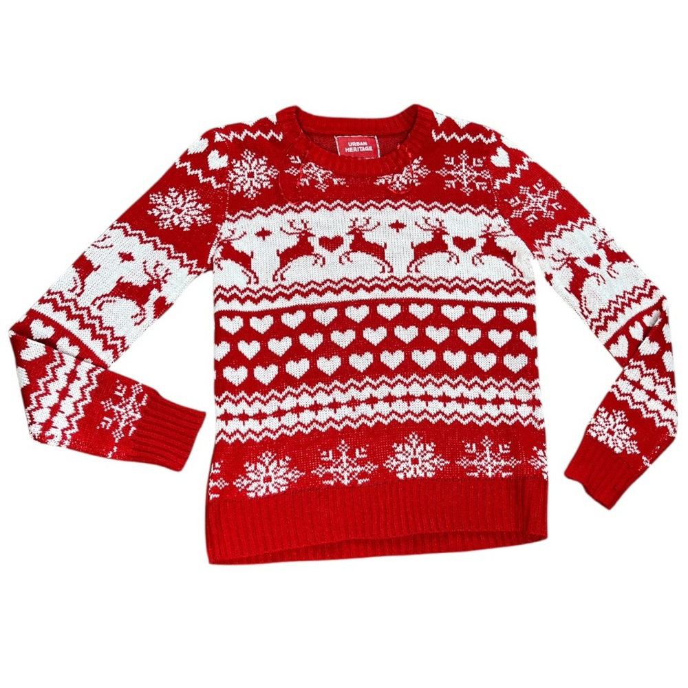 URBAN HERITAGE Red Fair Isle Deer Christmas Sweater Festive Holiday Party Small